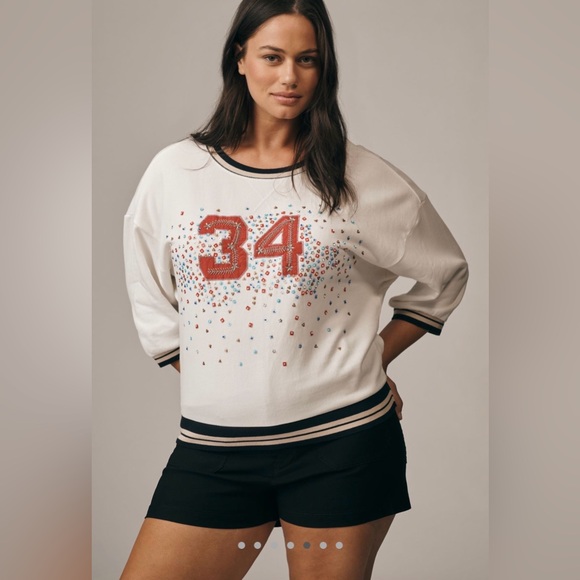 Anthropologie Pilcro Tops - Anthropologie Pilcro Beaded Crewneck Varsity Sweatshirt in White